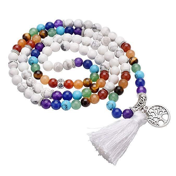 Mala \"Chakra Lebensbaum\" 108 Howlith- und Chakra Edelsteine mit Metall Anhänger