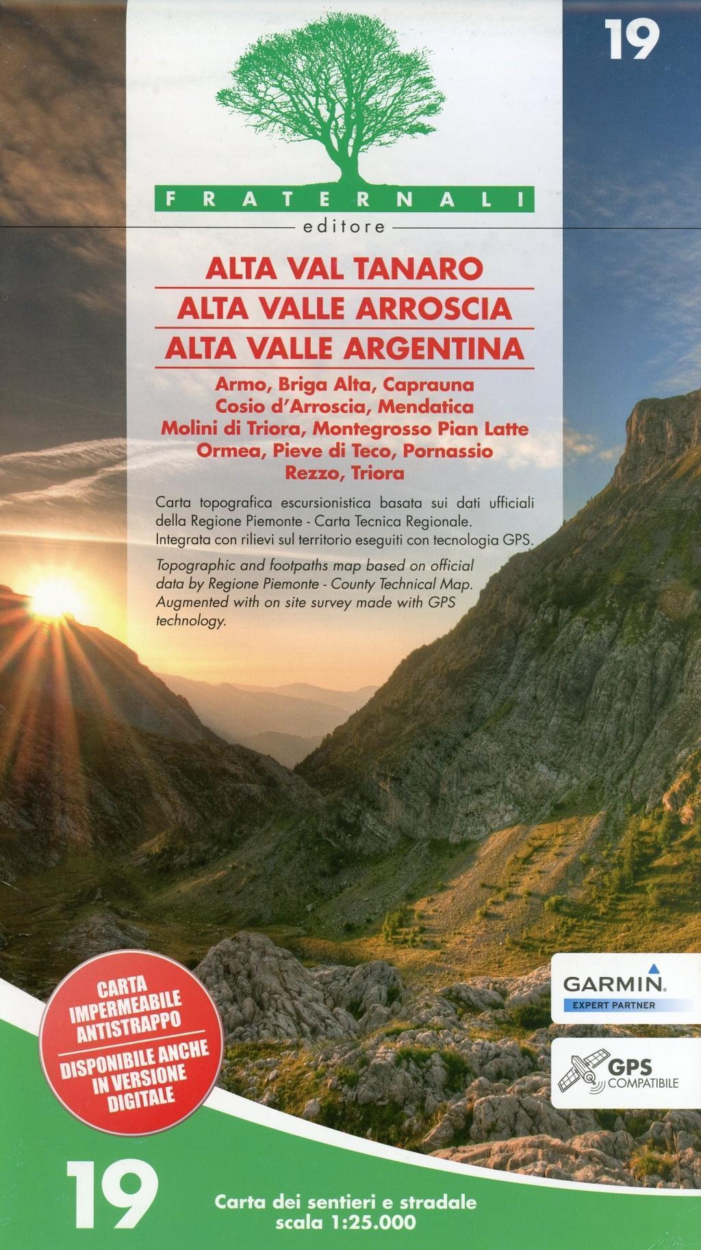 Carta n. 19. Alta Valle Tanaro, Alta Valle Arroscia, Alta valle Argentina. Carta dei sentieri e stradale 1:25.000