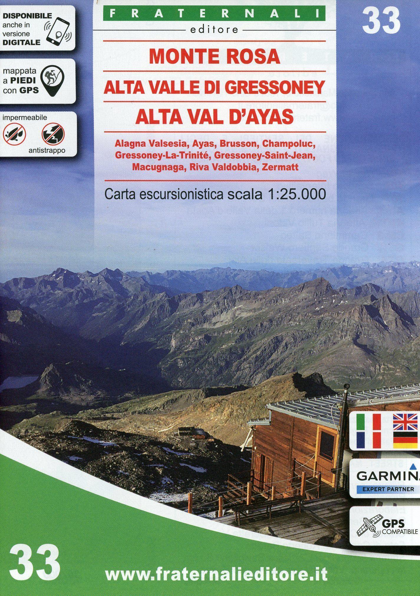 Carta n. 33. Monte Rosa, Alta Valle di Gressoney, Alta Val d'Ayas. Carta escursionistica 1:25.000