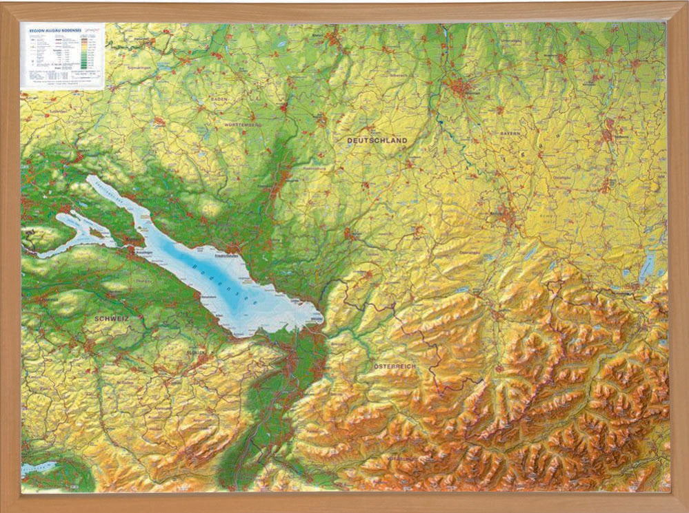 Allgäu Bodensee, Reliefkarte 1:200.000 mit Naturholzrahmen