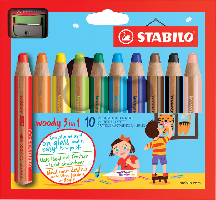 Buntstift, Wasserfarbe & Wachsmalkreide - STABILO woody 3 in 1 - 10er Pack mit Spitzer - mit 10 verschiedenen Farben