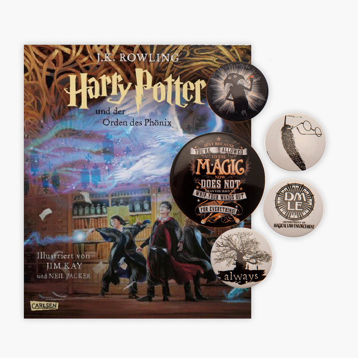 Illustrierte Schmuckausgabe des Orden des Phönix der Harry Potter-Reihe + 1 original Button