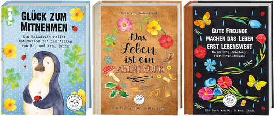 3 schöne Geschenkbücher von Mr. und Mrs. Panda im Set + 1 exklusives Postkartenset