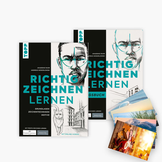 Das Richtig zeichnen lernen Set: Grundlagenbuch + Übungsbuch + 1 exklusives Postkartenset