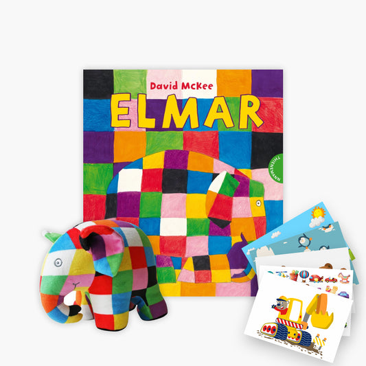 Elmar Bilderbuch + Plüsch-Tier-Elmar + 1 exklusives Postkartenset