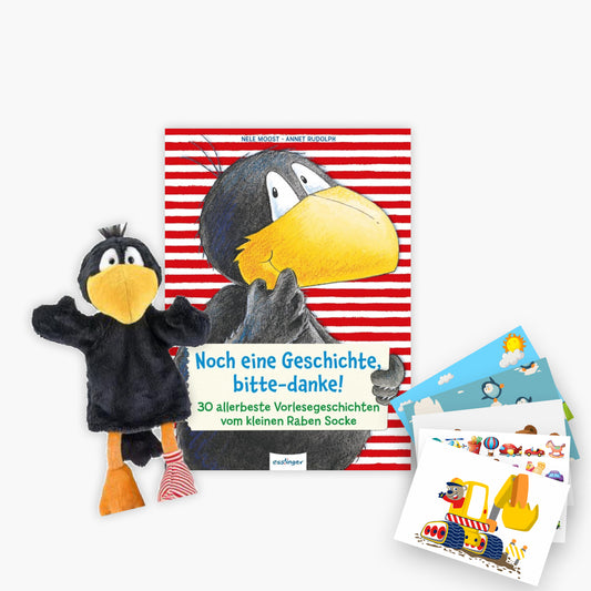 Der kleine Rabe Socke Vorlesebuch + Handpuppe + 1 exklusives Postkartenset