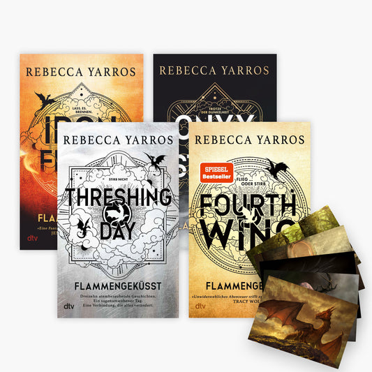 Flammengeküsst Deluxe Komplettset: Threshing Day / Fourth Wing / Iron Flame / Onyx Storm plus 1 exklusives Postkartenset – 1 [who:83]