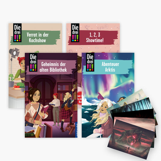 Die drei !!!-Abenteuer-Set: 4 Bücher + 1 exklusives Postkartenset