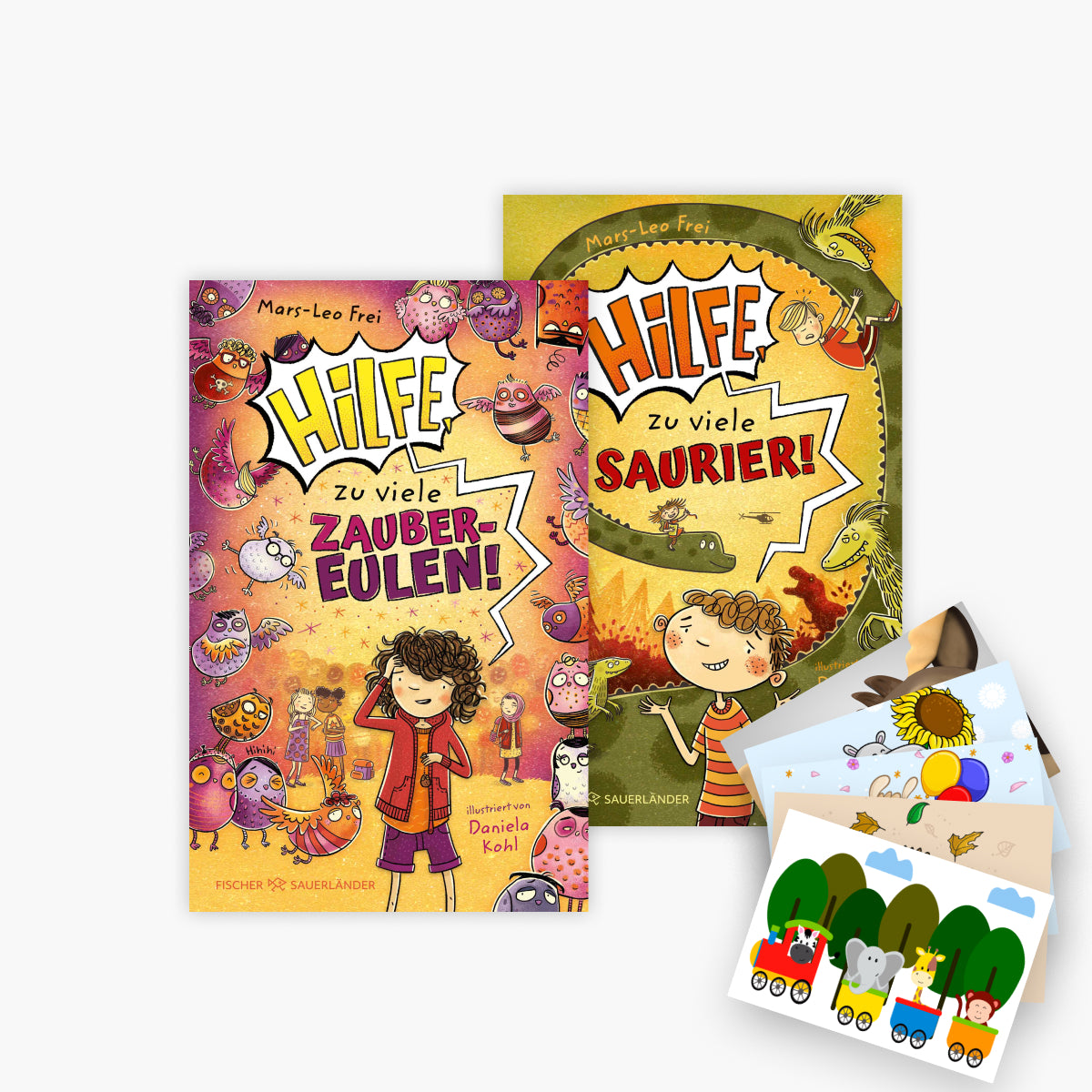 Hilfe, zu viele Zaubereulen! + Hilfe, zu viele Saurier! plus 1 exklusives Postkartenset