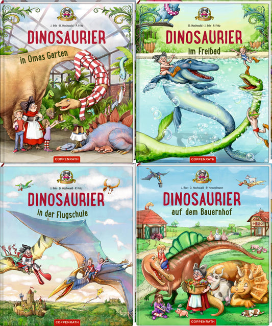 Dinosaurier...in Omas Garten/...im Freibad/...in der Flugschule/...auf dem Bauernhof + 1 exklusives Postkartenset