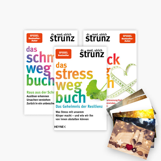 Das Gesundheits-Ratgeber-Set mit Stress-, Schmerz- & Speck-weg-Büchern plus 1 exklusives Postkartenset