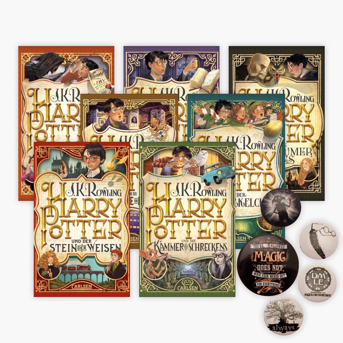Harry Potter Band 1-7 in der neuen Taschenbuchausgabe + 1 original Badge Pack