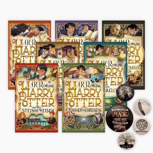 Harry Potter Band 1-7 in der neuen Taschenbuchausgabe + 1 original Badge Pack