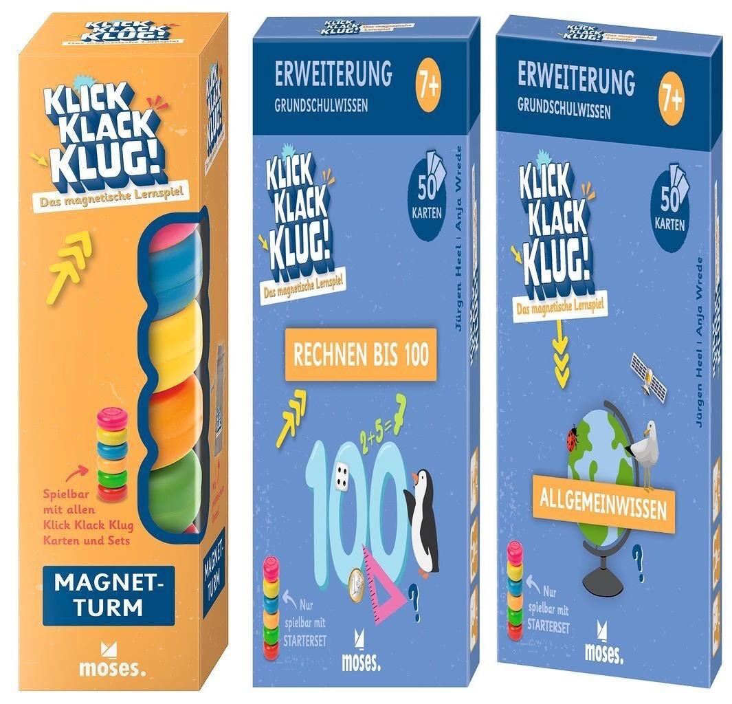 Das Klick Klack Klug Lernset mit Magnetturm + 2 Kartensets + 1 exklusives Postkartenset