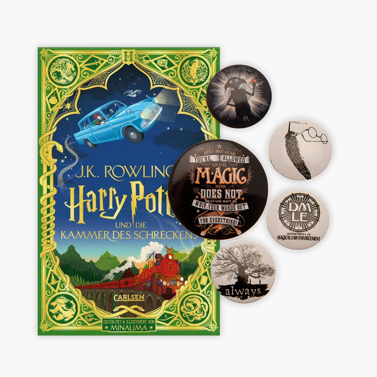 Die Kammer des Schreckens: farbig illustrierte Prachtausgabe mit Goldprägung von MinaLima + 1 original Harry Potter Button