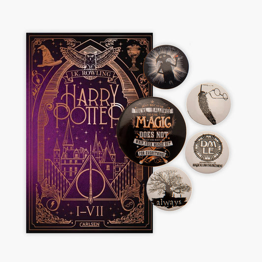 Die große Harry Potter Gesamtausgabe mit Bronzeprägung + 1 original Harry Potter Button