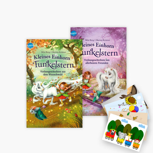 Vorlesegeschichten vom kleinen Einhorn Funkelstern Band 1+2 plus 1 exklusives Postkartenset