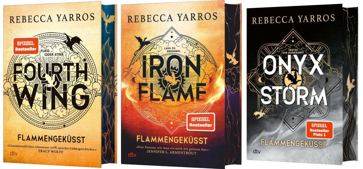 Fourth Wing, Iron Flame, Onyx Storm von Rebecca Yarros – Flammengeküsst-Reihe Band 1-3 im Bücherset inkl. Lesezeichen – Deluxe-Ausgaben Farbschnitt – Fantasy-Bestseller über Liebe Drachen & Abenteuer!