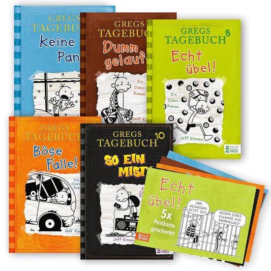 Jeff Kinney Bücherset – Gregs Tagebuch Band 6-10 mit je einer Postkarte – Keine Panik!, Dumm gelaufen!, Böse Falle!, Echt übel!, So ein Mist! – Liebevoll gezeichnete Comics, Kinderbuch Bestseller Set
