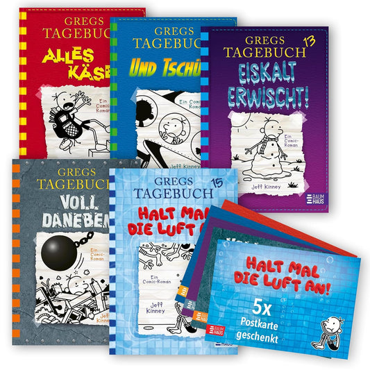 Jeff Kinney Bücherset – Gregs Tagebuch Band 11-15 mit je einer Postkarte – Alles Käse, Und tschüss, Eiskalt erwischt, Voll daneben und Halt mal die Luft an – Kinderbuch Comic Humor Bestseller Set