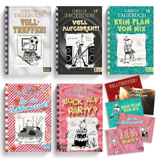 Jeff Kinney Bücherset – Gregs Tagebuch Band 16-20 mit je einer Postkarte – Volltreffer, Voll aufgedreht, Kein Plan von nix, So ein Schlamassel, Bock auf Party – Kinderbuch Comic Humor Bestseller Set