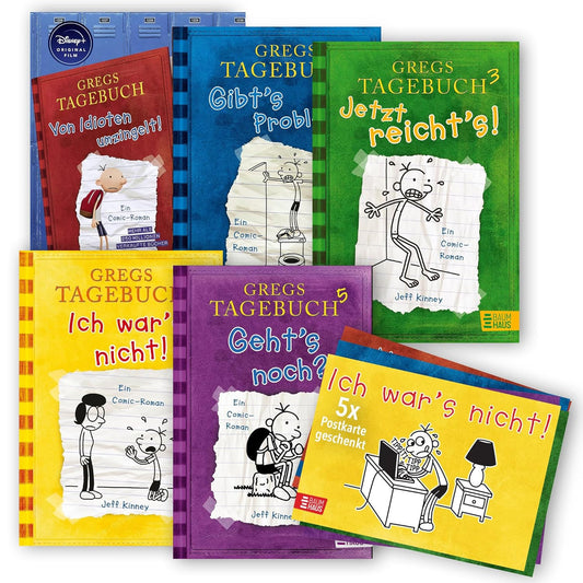Jeff Kinney Bücherset – Gregs Tagebuch Band 1-5 mit je einer Postkarte – Von Idioten umzingelt, Gibt’s Probleme?, Jetzt reicht’s!, Ich war’s nicht! und Geht’s noch? – Kinderbuch Bestseller Set
