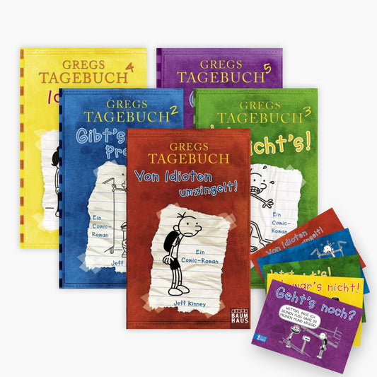 Gregs Tagebuch Band 1-5 plus passende Postkarten zu jedem Band