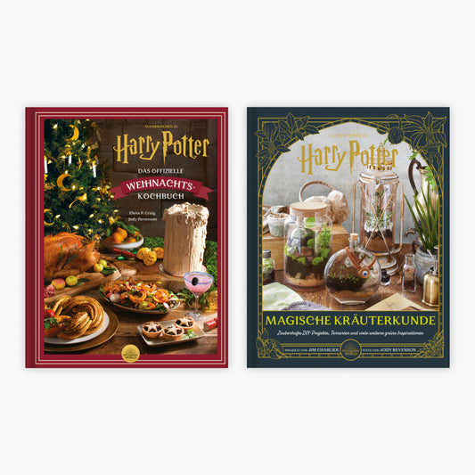 Aus den Filmen zu Harry Potter: Weihnachtskochbuch + Magische Kräuterkunde + 1 original Harry Potter Button