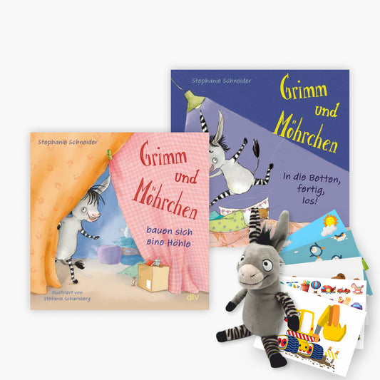Grimm und Möhrchen-Set: 2 Pappbilderbücher + Kuschel-Zesel + 1 exklusives Postkartenset