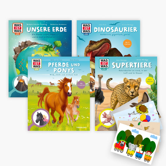WAS IST WAS Kids Abenteuer-Set: Pferde, Supertiere, Erde & Dinosaurier + 1 exklusives Postkartenset