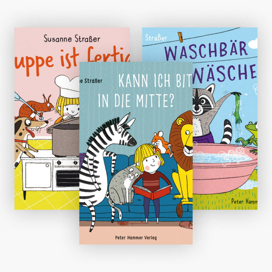 Kann ich bitte in die Mitte / Suppe ist fertig / Waschbär wäscht Wäsche + 1 exklusives Postkartenset