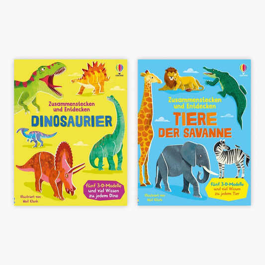 Zusammenstecken und Entdecken: Dinosaurier + Tiere der Savanne im Set + 1 exklusives Postkartenset