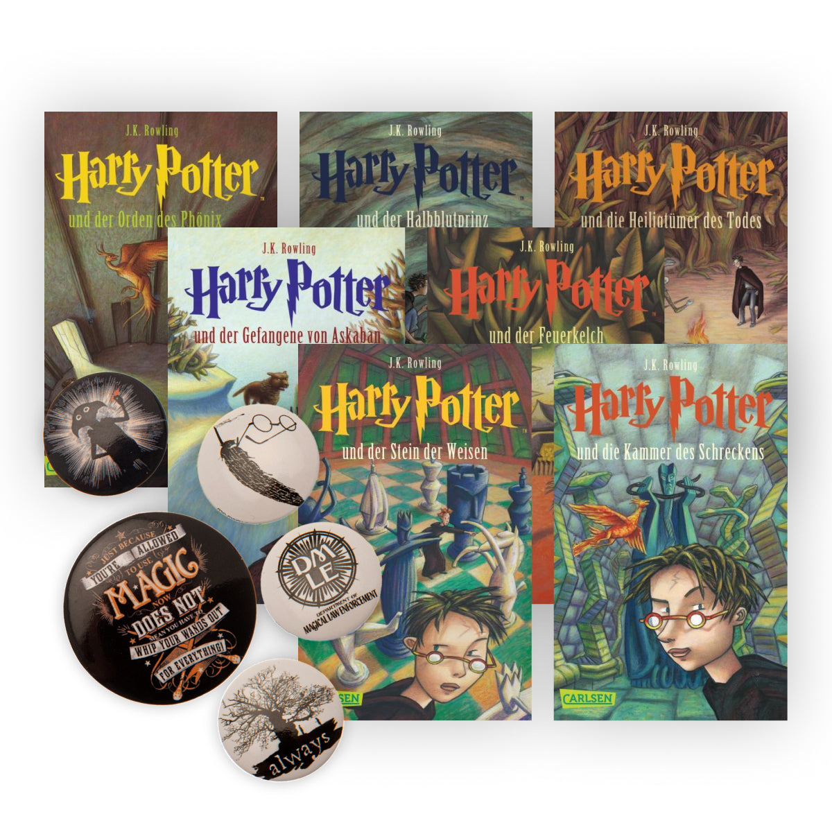 Harry Potter: Band 1-7 im Taschenbuchformat + 1 original Harry Potter Button Badge Pack