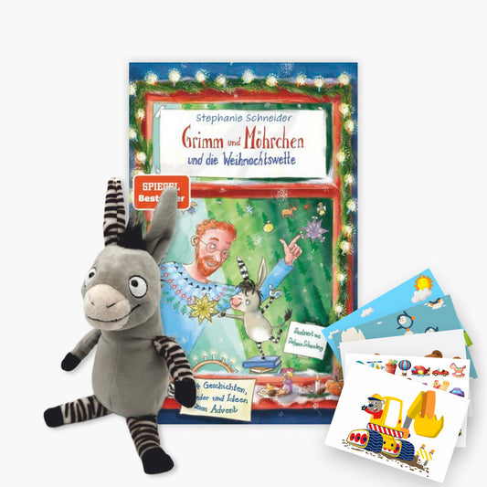Grimm und Möhrchen-Set: Weihnachtsbuch + Kuscheltier + 1 exklusives Postkartenset
