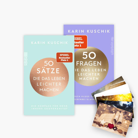 Karin Kuschik Buch-Set: 50 Sätze + 50 Fragen, die das Leben leichter machen + 1 exklusives Postkartenset