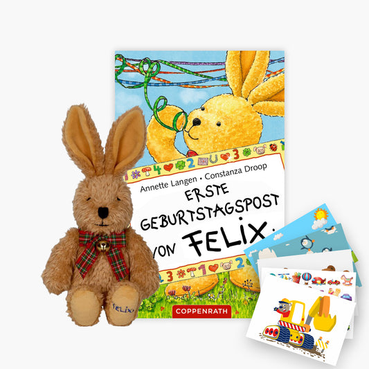 Erste Geburtstagspost von Felix + Plüschhase Felix + 1 exklusives Postkartenset