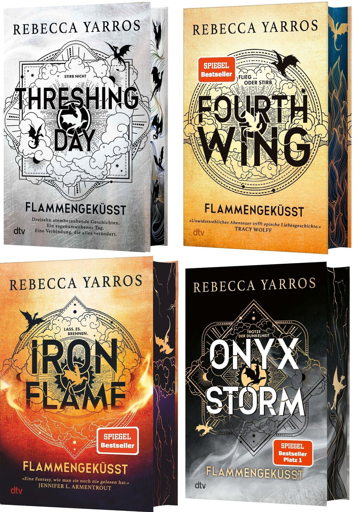 Flammengeküsst Deluxe Komplettset: Threshing Day / Fourth Wing / Iron Flame / Onyx Storm plus 1 exklusives Postkartenset