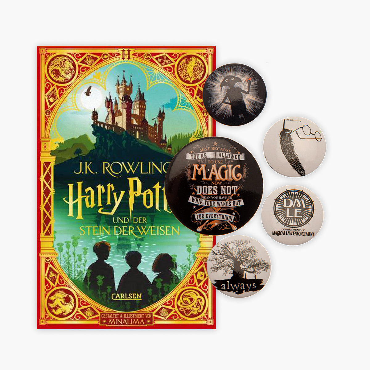 Harry Potter und der Stein der Weisen: farbig illustrierte Prachtausgabe mit Goldprägung von MinaLima + 1 original Harry Potter Button