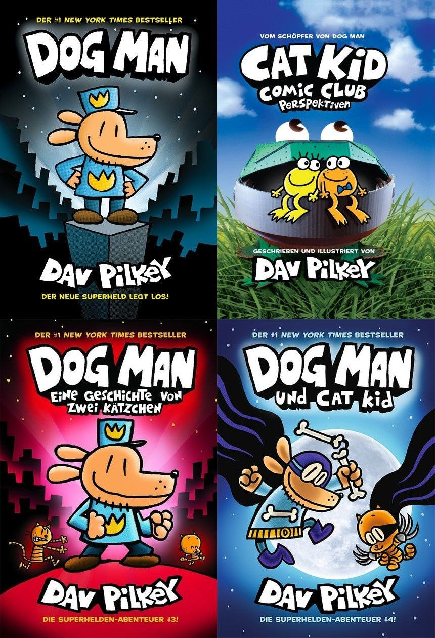 Dog Man Bücher Set Band 1-4 von Dav Pilkey – 4 Comic-Bände für Kinder: Die Abenteuer von Dog Man, Von der Leine gelassen, Zwei Kätzchen, Dog Man & Cat Kid – lustige Kinderbücher mit exkl. Lesezeichen