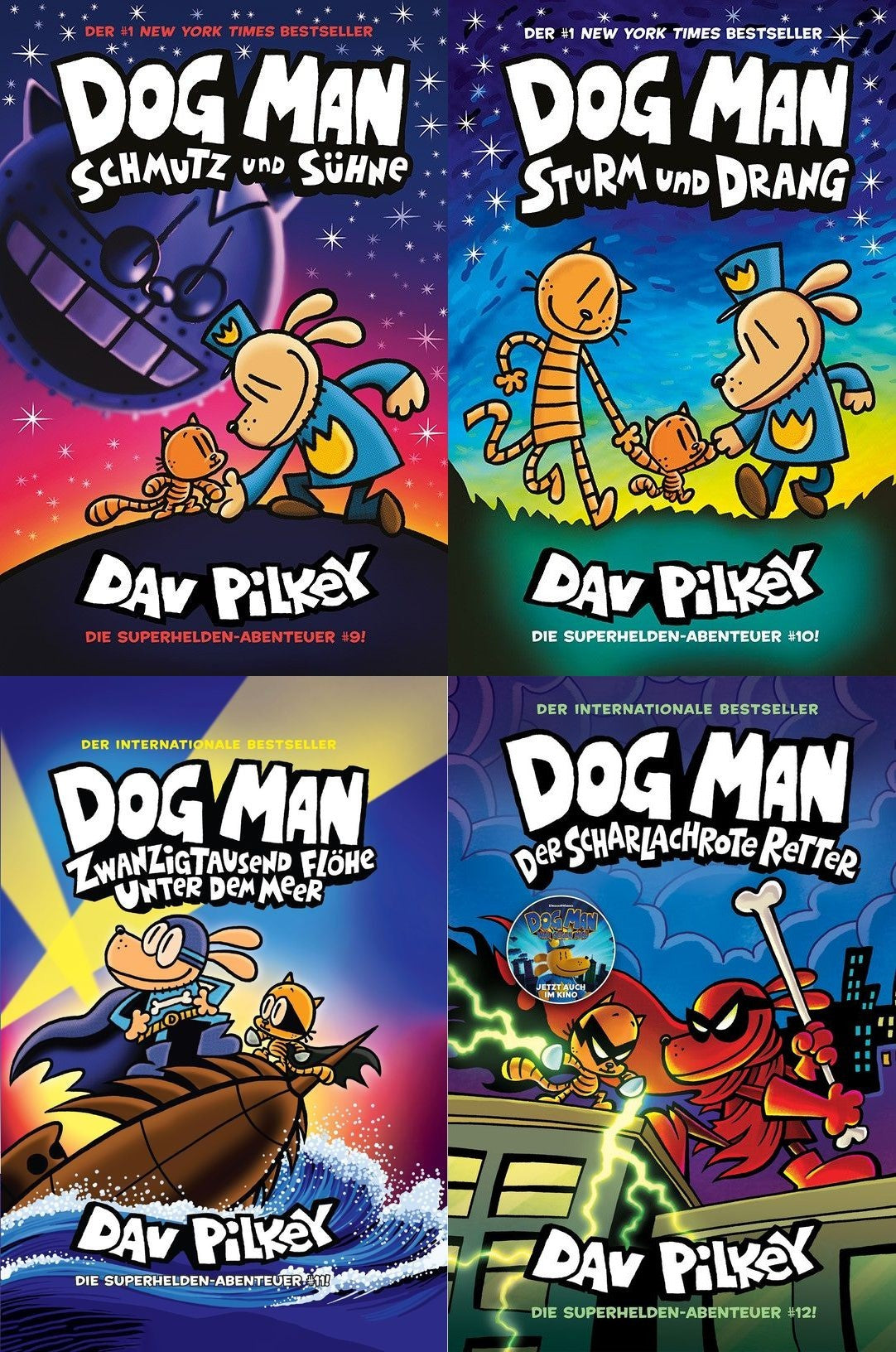 Dog Man Bücher Set Band 9-12 von Dav Pilkey – 4 Comic-Bände für Kinder: Schmutz und Sühne, Sturm und Drang, Zwanzigtausend Flöhe und Der scharlachrote Retter – lustige Kinderbücher + exkl. Lesezeichen