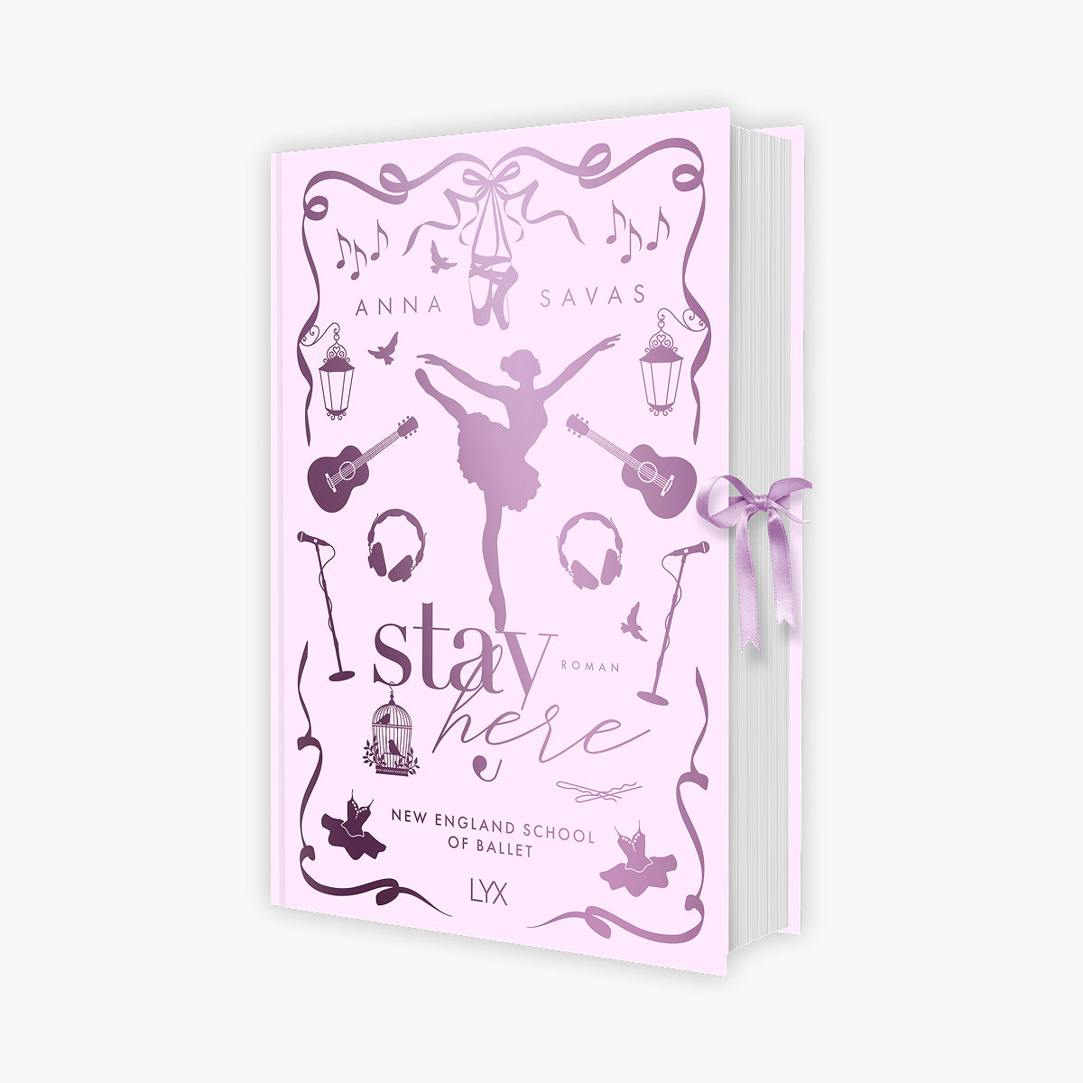 Buch‚ Stay Here‘ von Anna Savas – New England School of Ballet Roman mit Tänzerin und Musik-Elementen in Lila