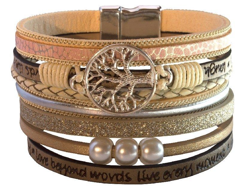 Armband \"Baum des Lebens\" Kunstleder beige, Metall silberfarben