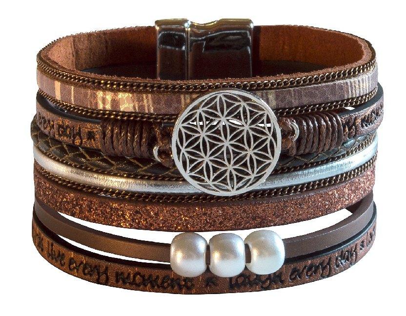 Armband \"Blume des Lebens\" Kunstleder braun, Metall silberfarben