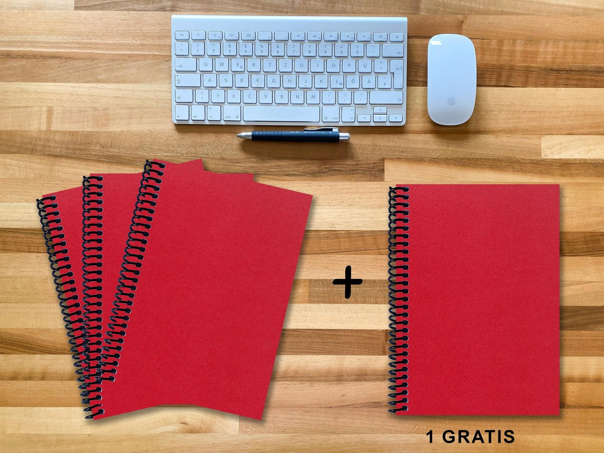 A 4 Notizbuch - Set, 3+1 gratis, Luxury 80 Seiten ROT JUPITER GLITTER-OPTIK, kariert 10x10mm