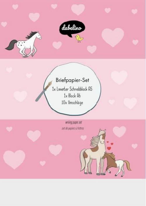 Liniertes Briefpapier-Set für Kinder: Pferde, Ponys (rosa mit Herzen, Mädchen)