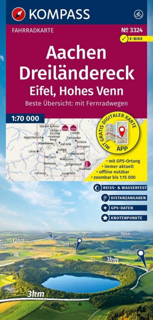 KOMPASS Fahrradkarte 3324 Aachen, Dreiländereck, Eifel, Hohes Venn mit Knotenpunkten 1:70.000