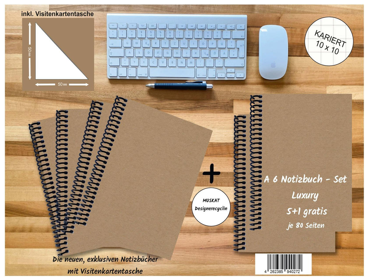 A 6 Notizbuch - Set, 4+2 gratis, Luxury 80 Seiten MUSKAT Designerecycling, kariert 10x10mm