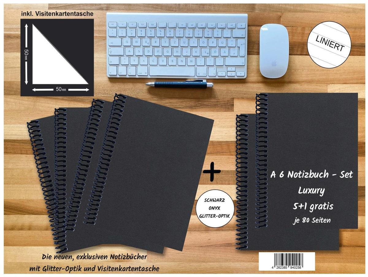 A 6 Notizbuch - Set, 4+2 gratis, Luxury 80 Seiten SCHWARZ ONYX GLITTER-OPTIK, liniert