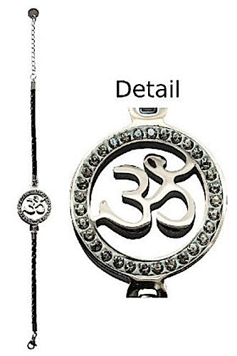 Armband \"Om\" Leder schwarz, Edelstahl mit Zirkonia