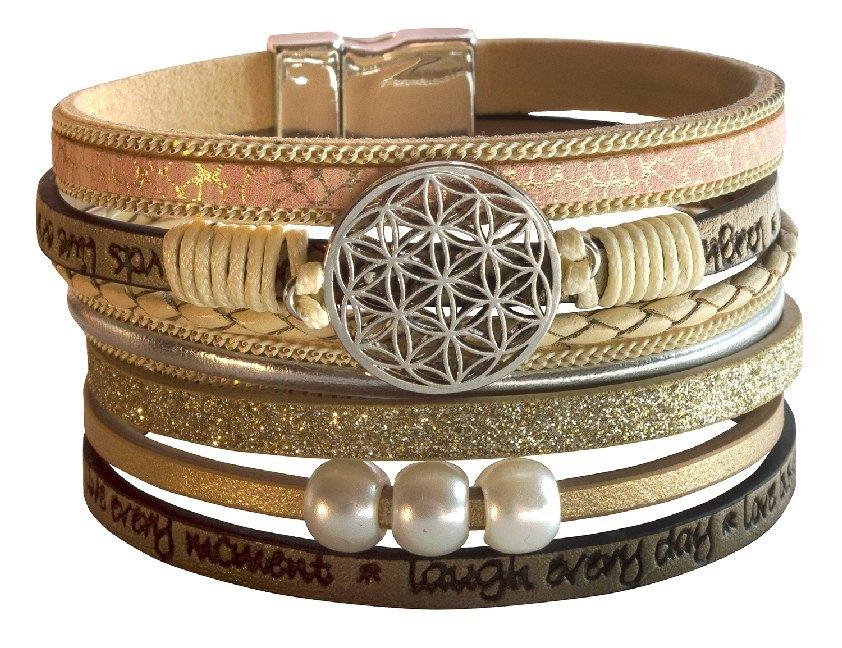 Armband \"Blume des Lebens\" Kunstleder beige, Metall silberfarben